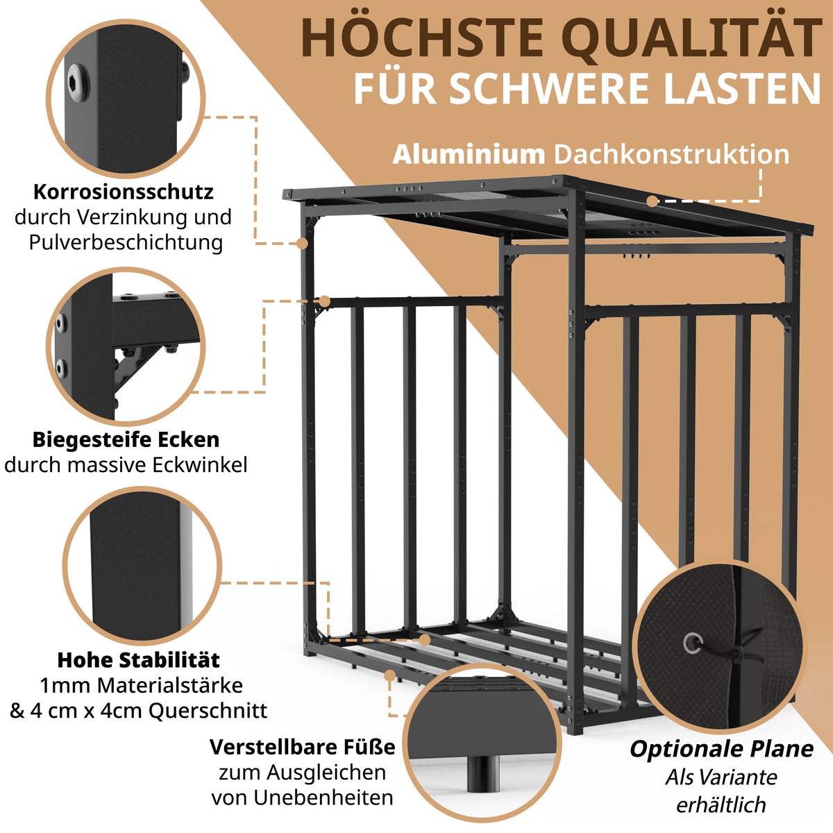 Kaminholzregal mit Dach Metall verzinkt Holzunterstand 185x105x185 anthrazit FR200