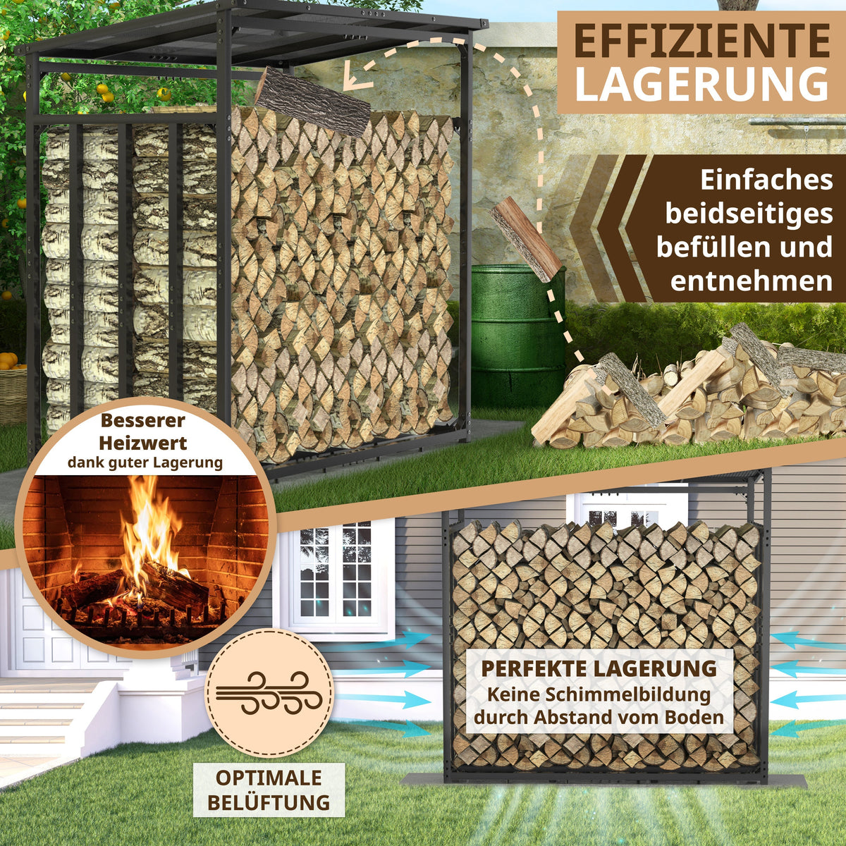 Kaminholzregal mit Dach Metall verzinkt Holzunterstand 185x105x185 anthrazit FR200