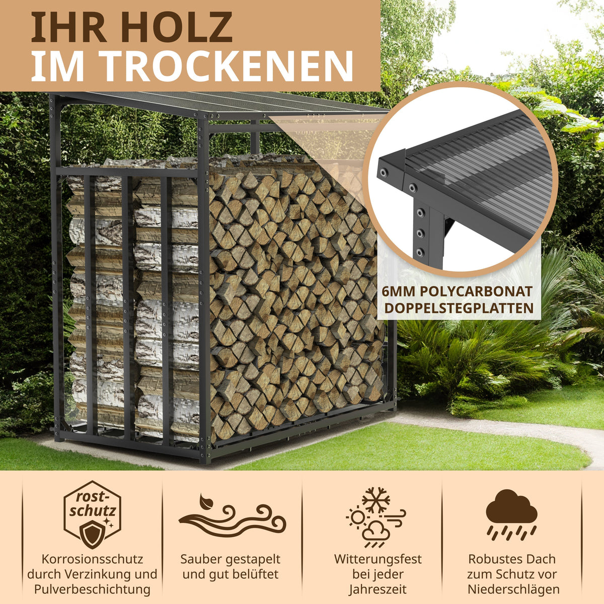 Kaminholzregal mit Dach Metall verzinkt Holzunterstand 185x105x185 anthrazit FR200